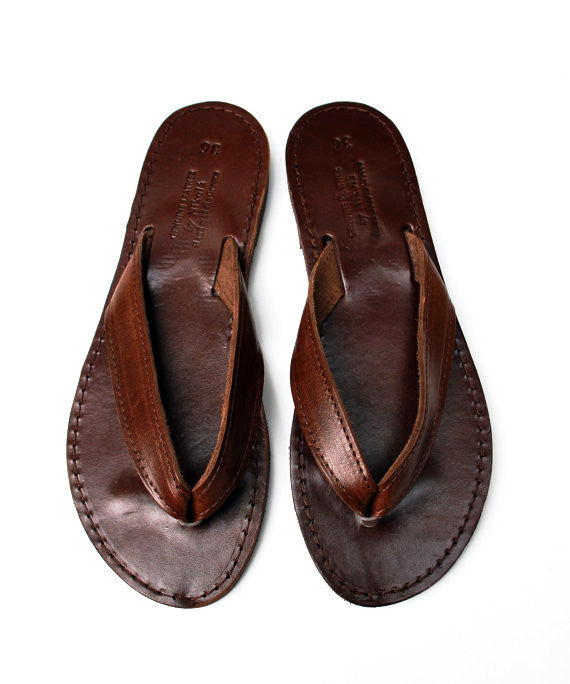 Boho flip flops with dark brown leather sole