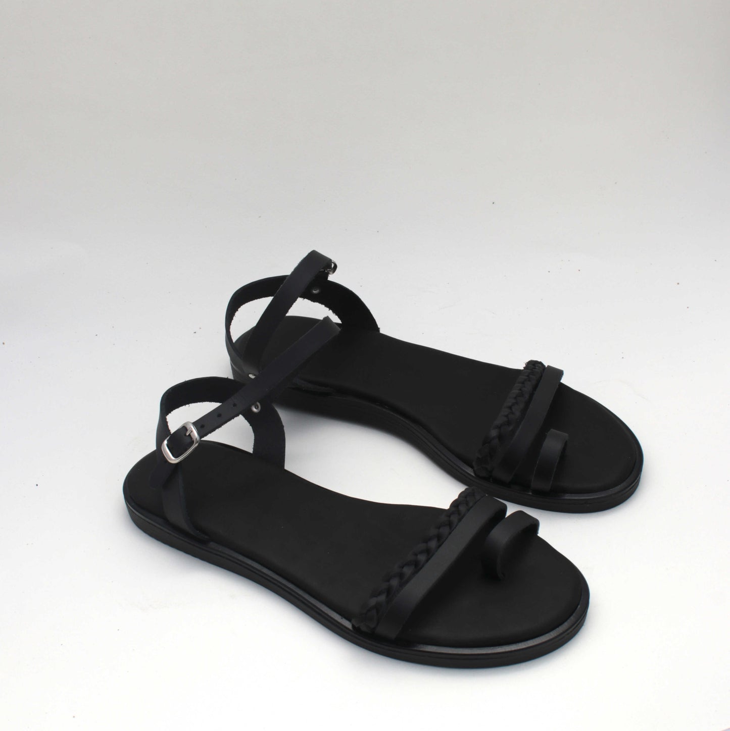 Handmade Black Leather Braided Sandals, Comfortable Insole Padding, Adjustable Strap Design