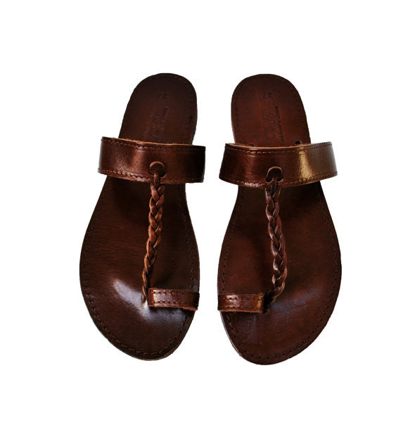 Braided toe ring dark brown sole "Areti" sandals sky view