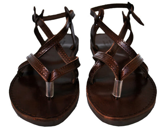 Dark brown sole sandals fron view