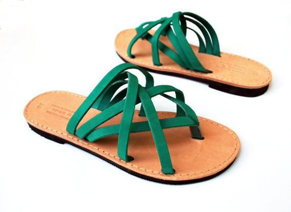 "Hera" leather women slides in green side view
