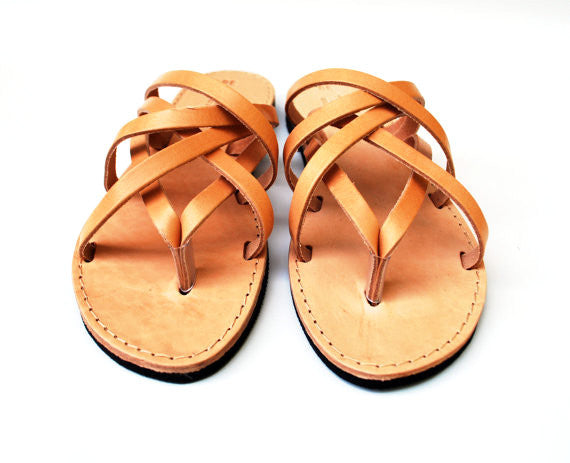 "Hera" leather women slides in natural brown