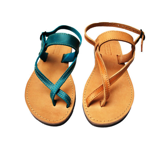 Toe wrapper "Artemis" leather sandals in blue and natural brown