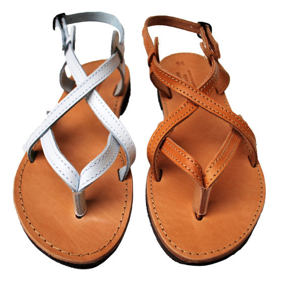 Natural brown and white strappy leather sandals